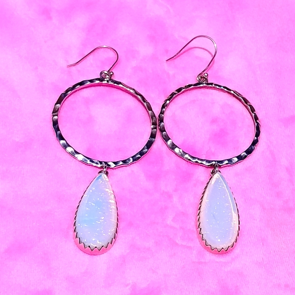 Jewelry - Real sterling silver drop hoop earrings with white glitter stone.